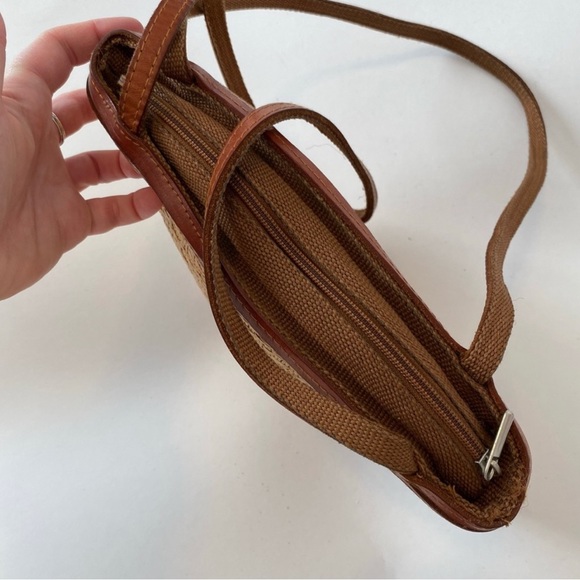 Vintage 80s Woven Straw Leather Trimmed Shoulderbag Brown Tan Double Straps - Picture 6 of 15
